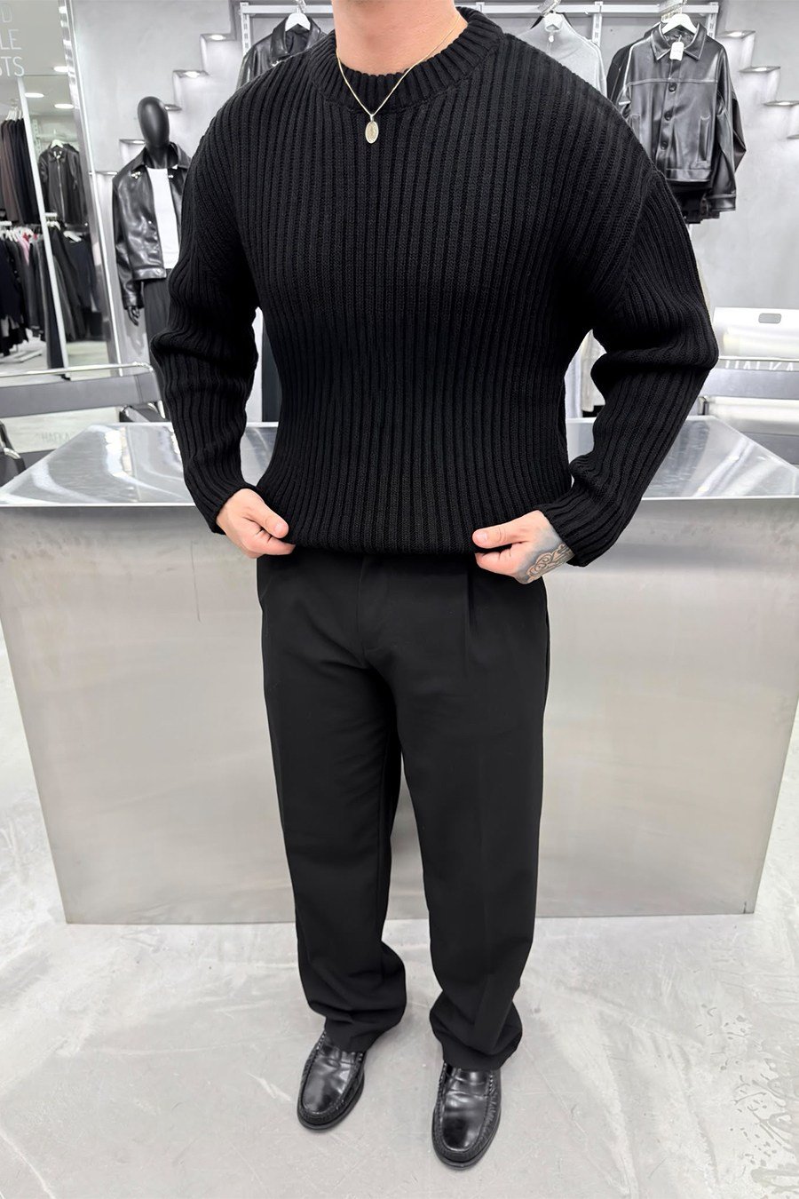 Siyah Bisiklet Yaka Fitilli Oversize Triko Kazak
