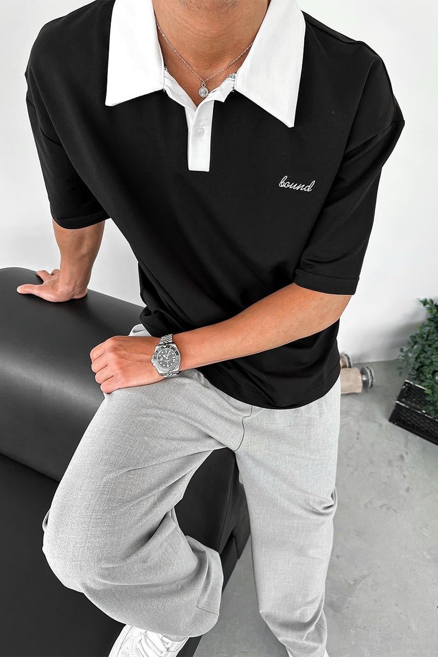 Siyah Bound Polo Yaka OUTPLENTY PREMİUM Oversize Tişört