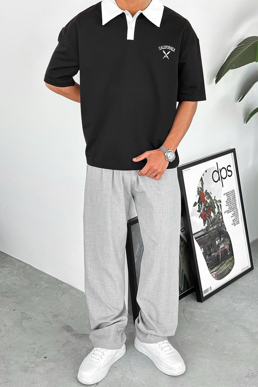 Siyah California Polo Yaka OUTPLENTY PREMİUM Oversize Tişört