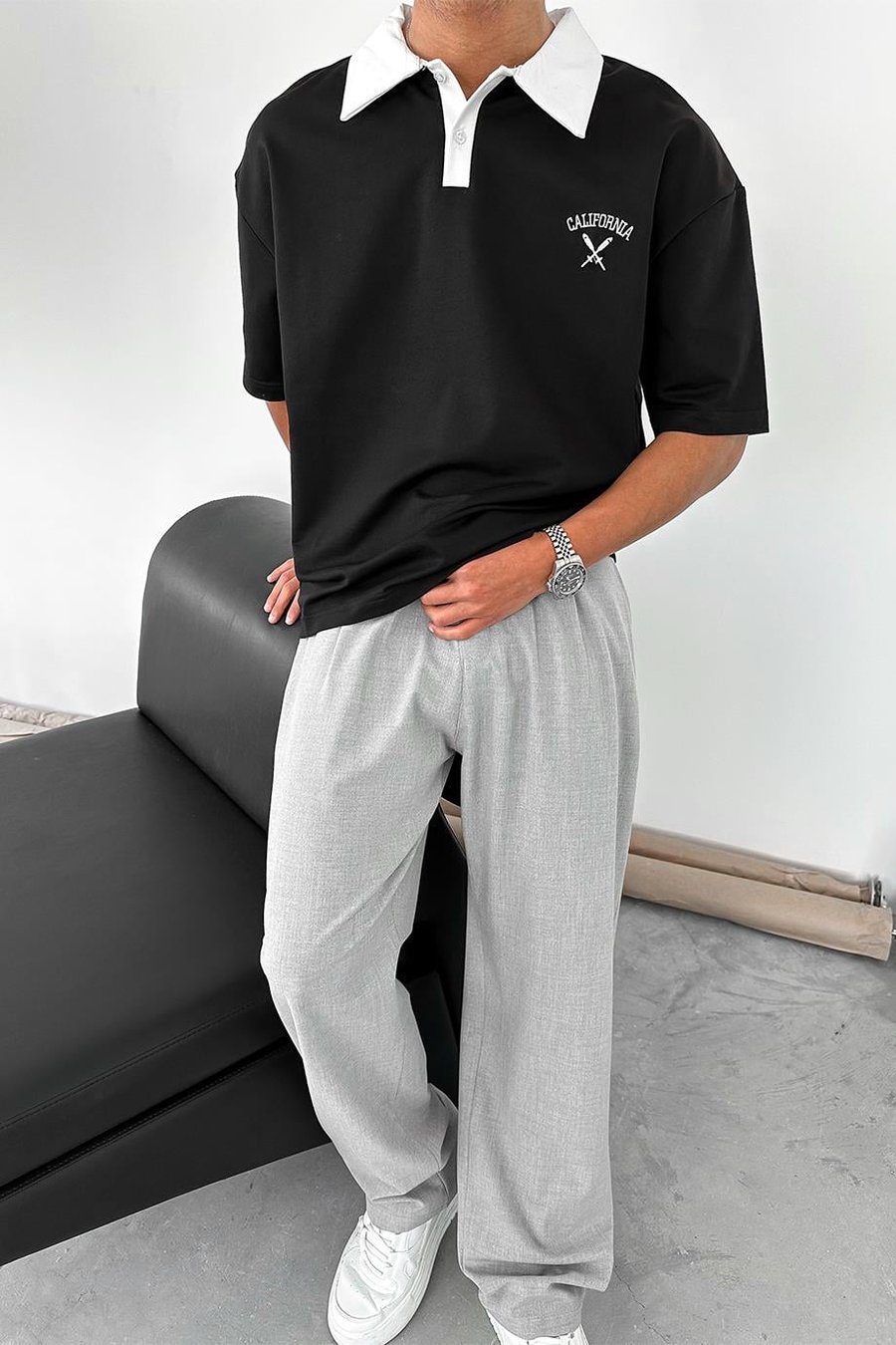 Siyah California Polo Yaka OUTPLENTY PREMİUM Oversize Tişört