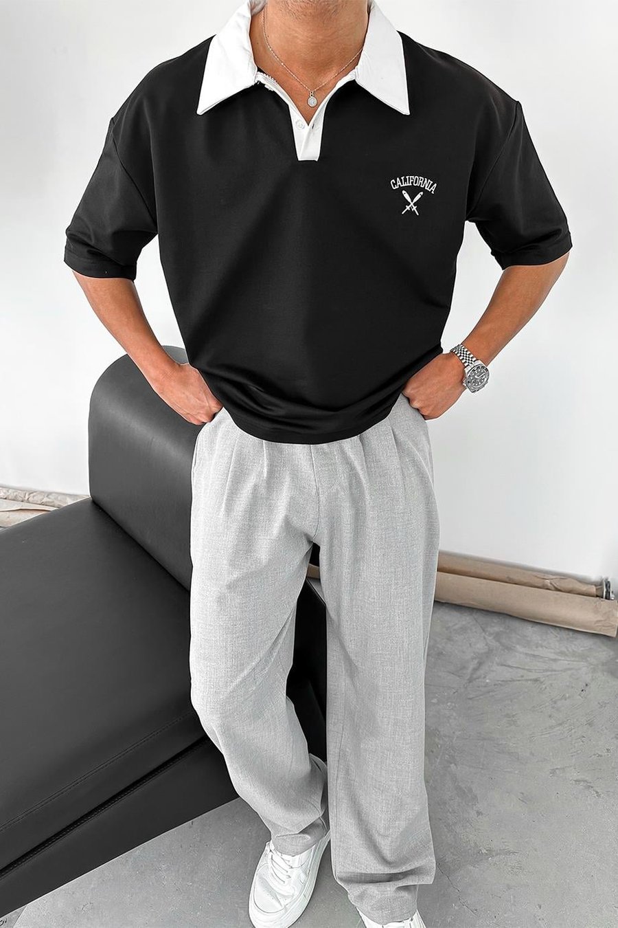 Siyah California Polo Yaka OUTPLENTY PREMİUM Oversize Tişört