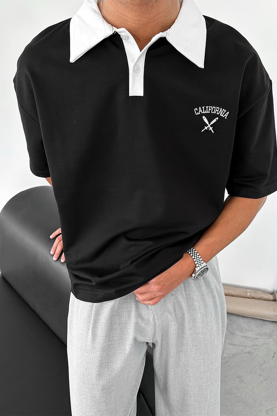 Siyah California Polo Yaka OUTPLENTY PREMİUM Oversize Tişört