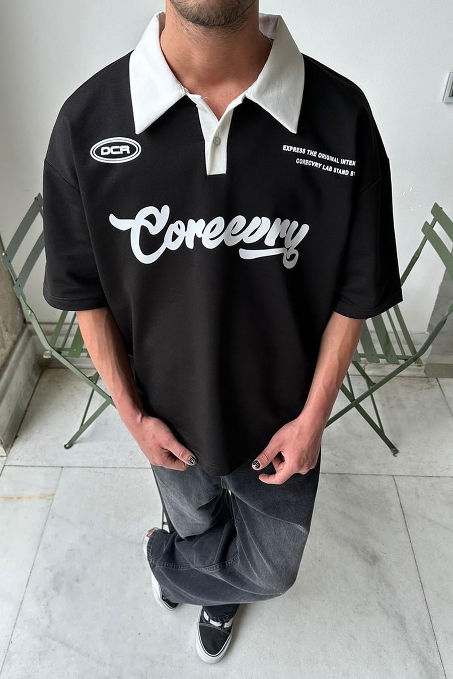 SİYAH Coreev Polo Yaka OUTPLENTY PREMİUM Oversize Tişört