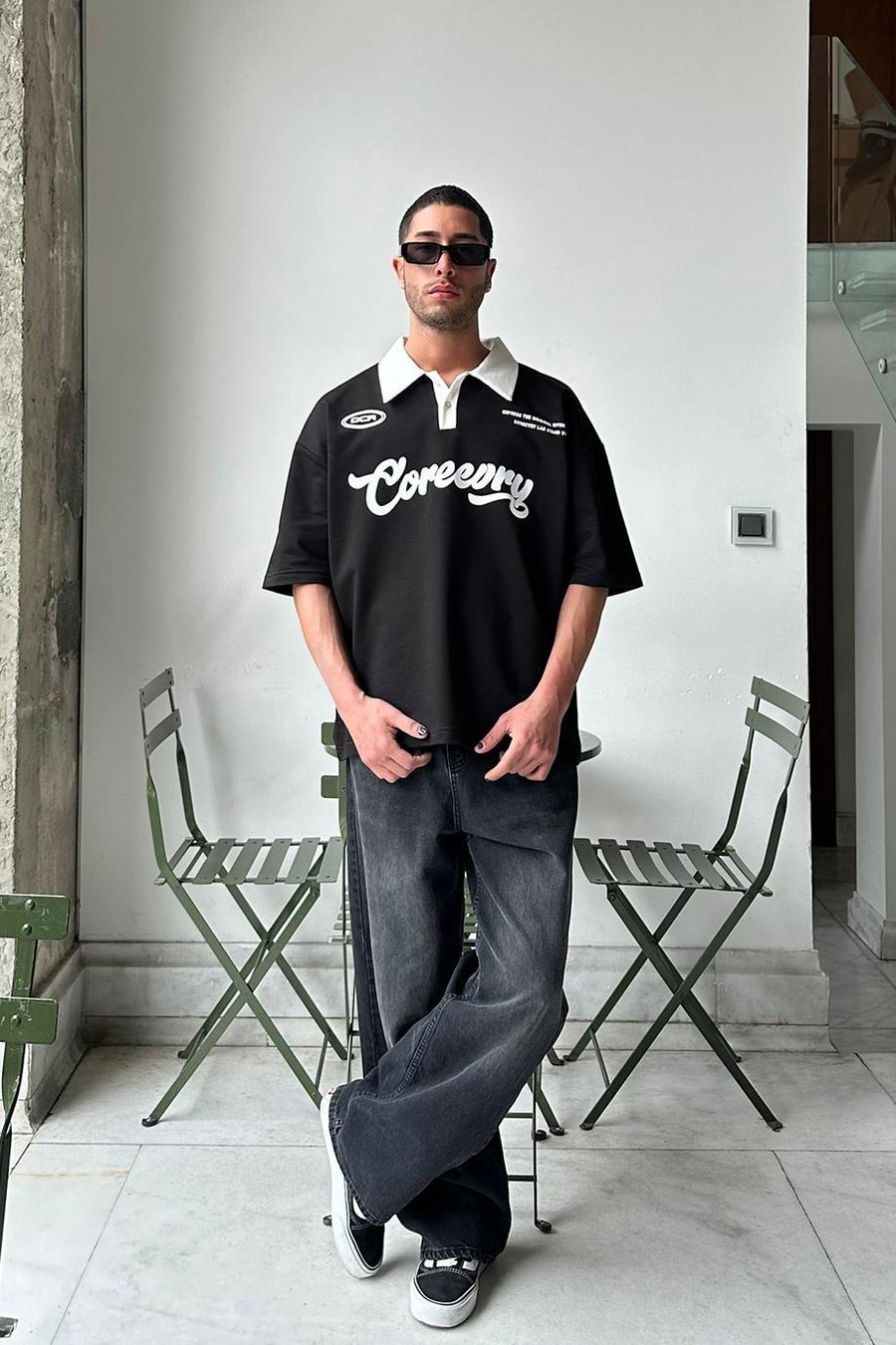 SİYAH Coreev Polo Yaka OUTPLENTY PREMİUM Oversize Tişört