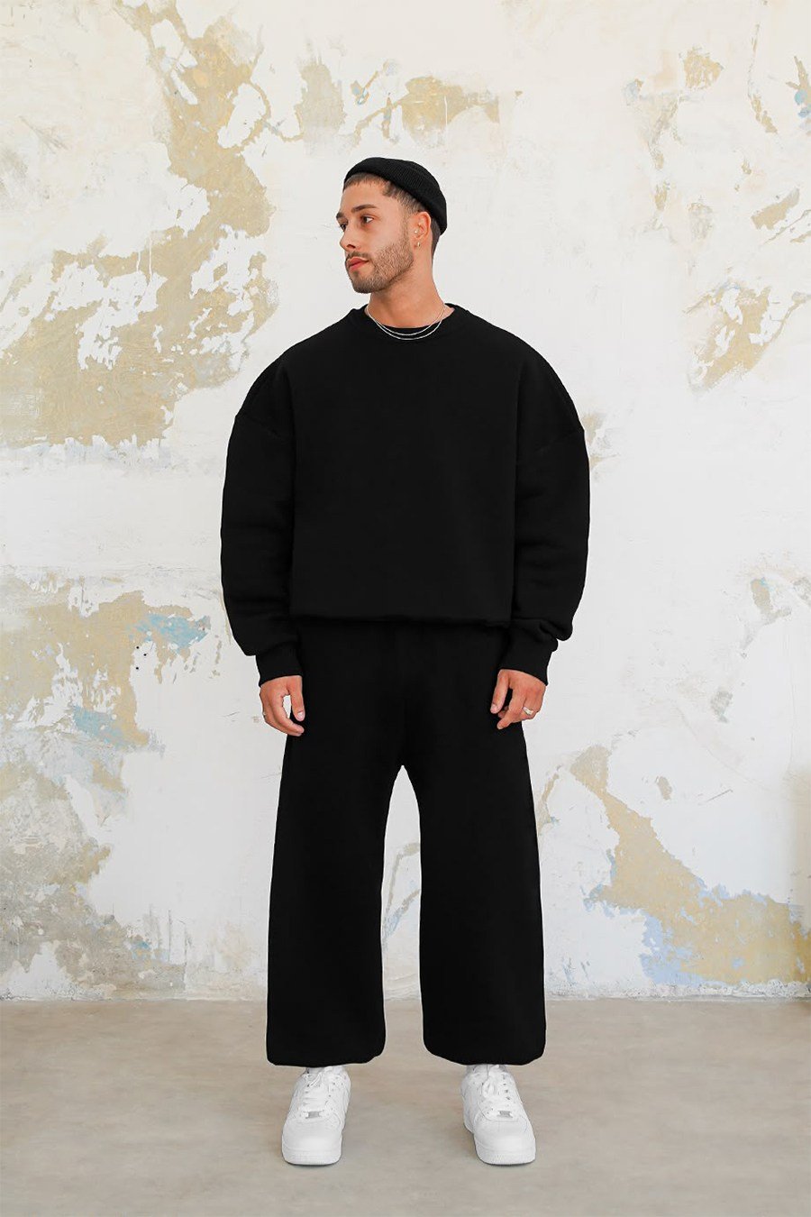 Siyah Cozy Basic Bisiklet Yaka Oversize Eşofman Takımı