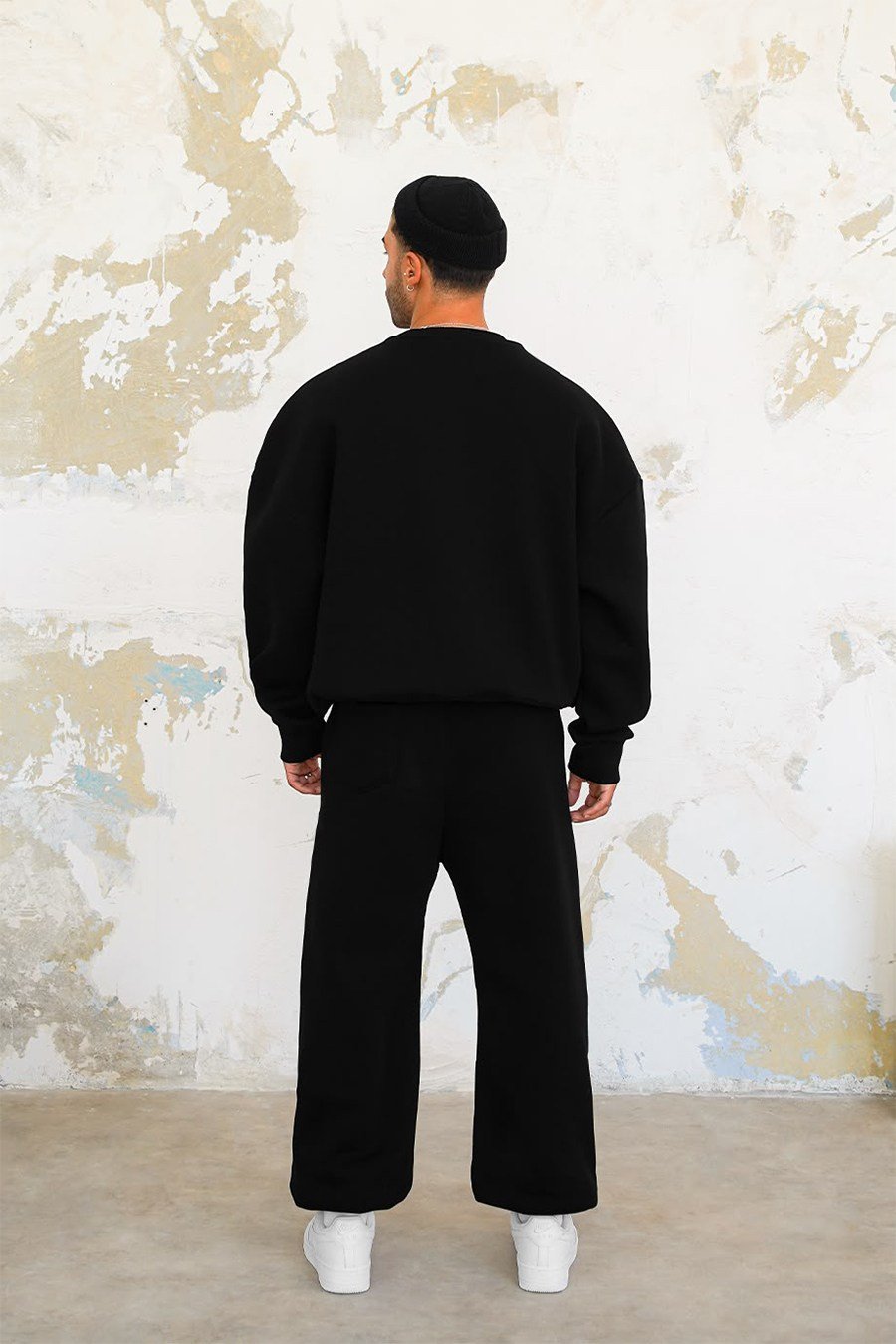 Siyah Cozy Basic Bisiklet Yaka Oversize Eşofman Takımı