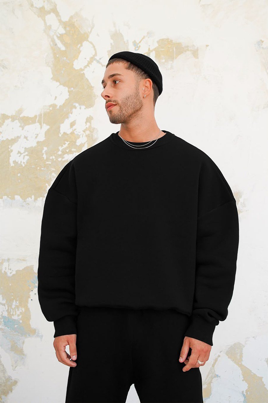 Siyah Cozy Basic Bisiklet Yaka Oversize Eşofman Takımı
