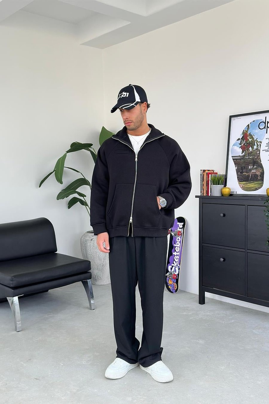 Siyah Cozy Basic Çift Fermuar Oversize Sweatshirt