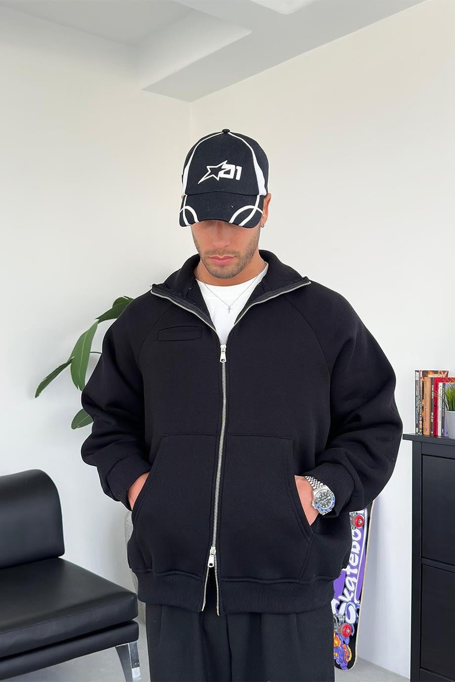 Siyah Cozy Basic Çift Fermuar Oversize Sweatshirt