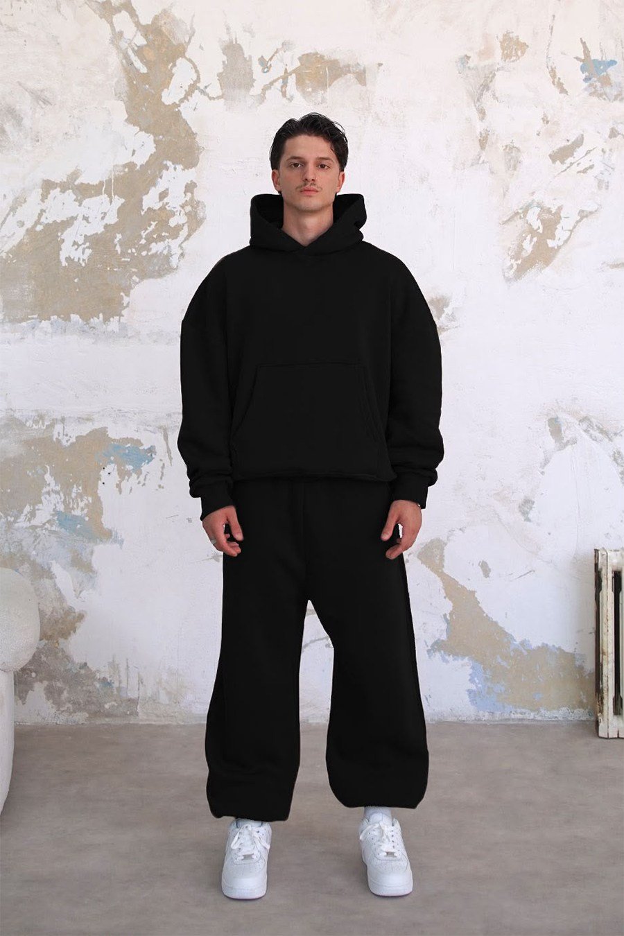 Siyah Cozy Basic Kanguru Oversize Eşofman Takımı