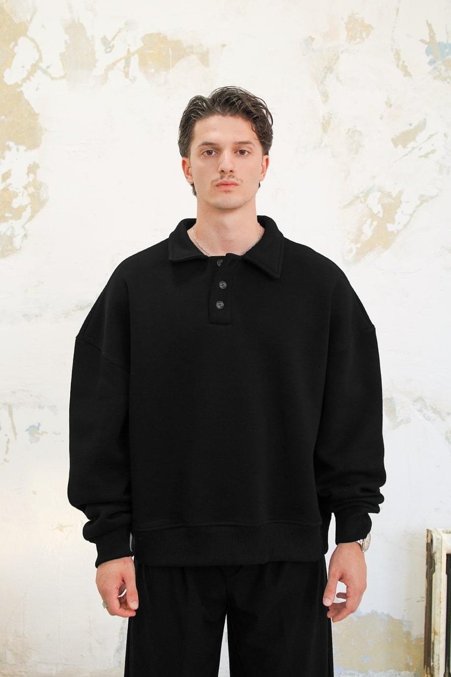 Siyah Cozy Basic Oversize Polo Yaka Sweatshirt