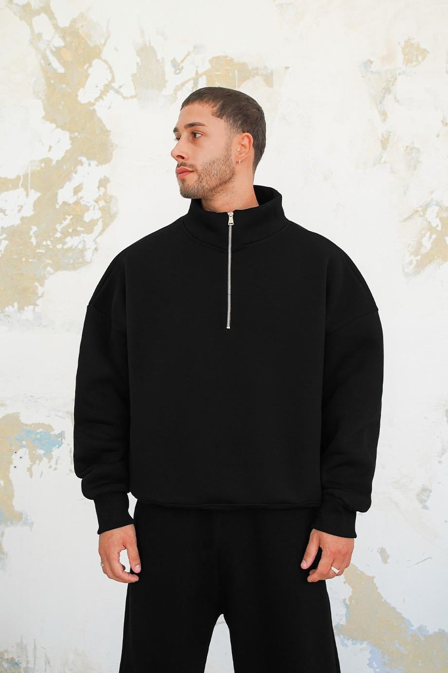 Siyah Cozy Basic Yarım Fermuar Oversize Sweatshirt