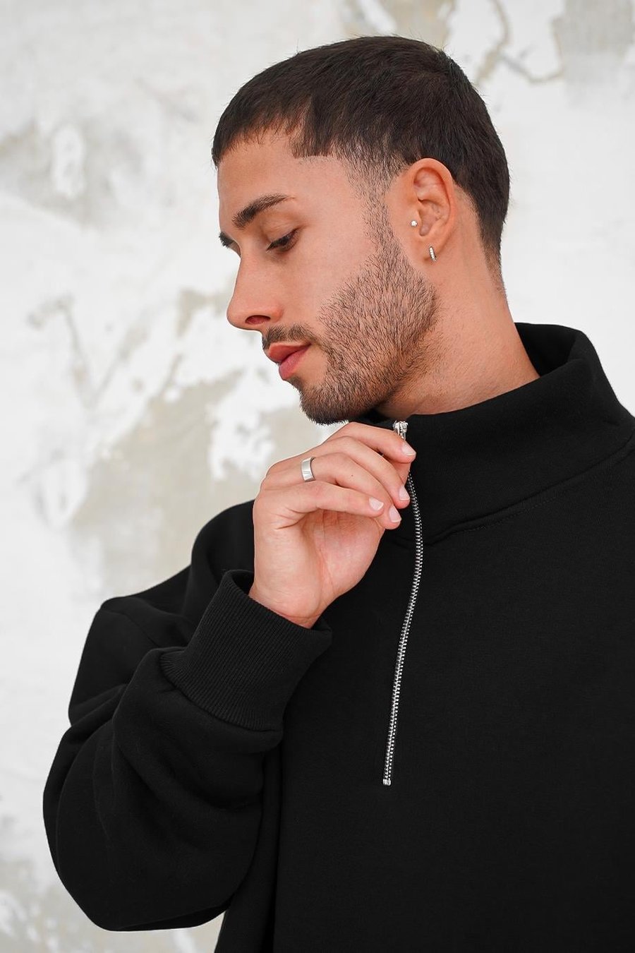 Siyah Cozy Basic Yarım Fermuar Oversize Sweatshirt