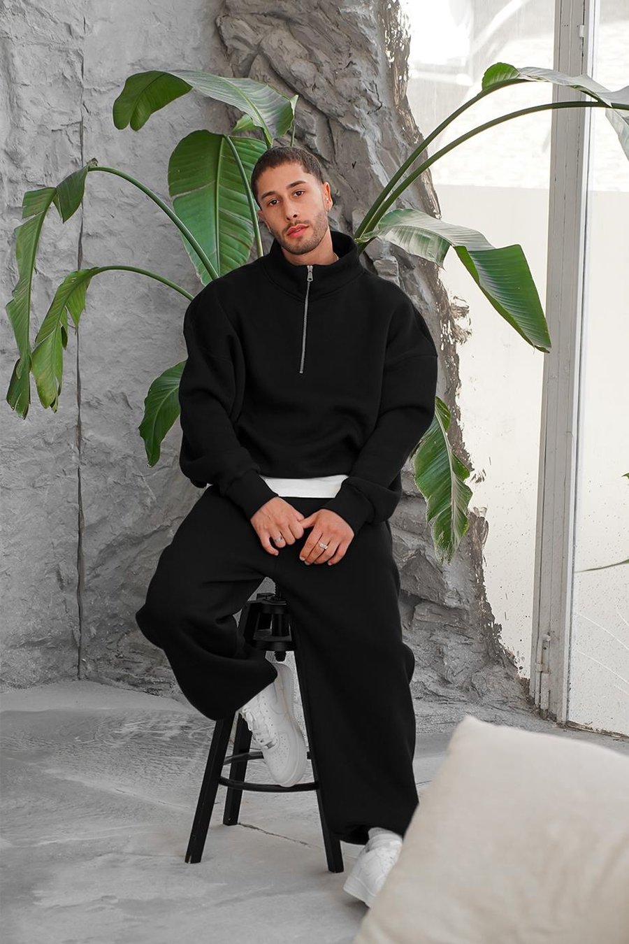 Siyah Cozy Basic Yarım Fermuar Oversize Sweatshirt