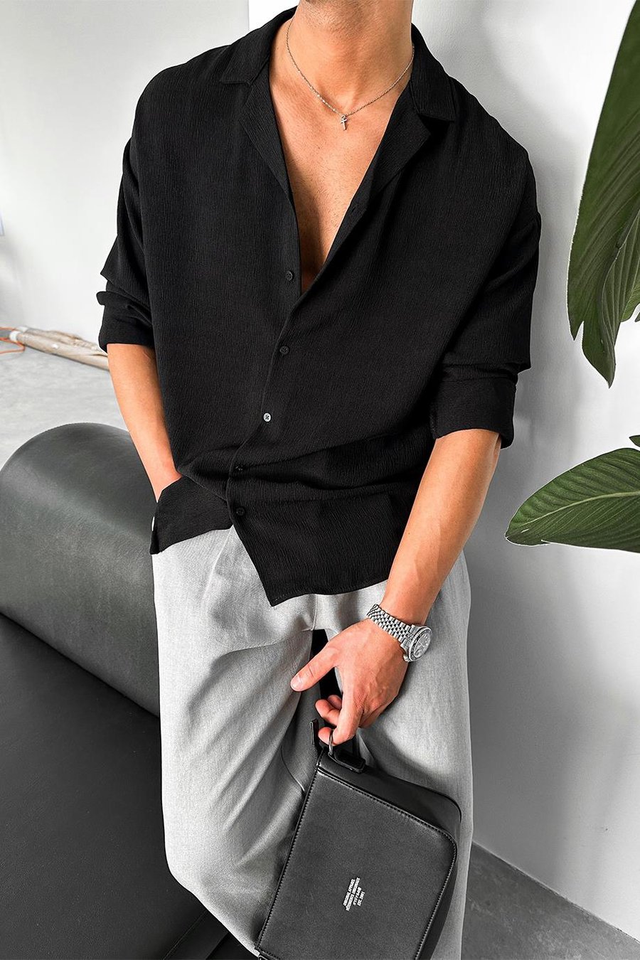 Siyah Dokulu Fitilli Basic Oversize Gömlek