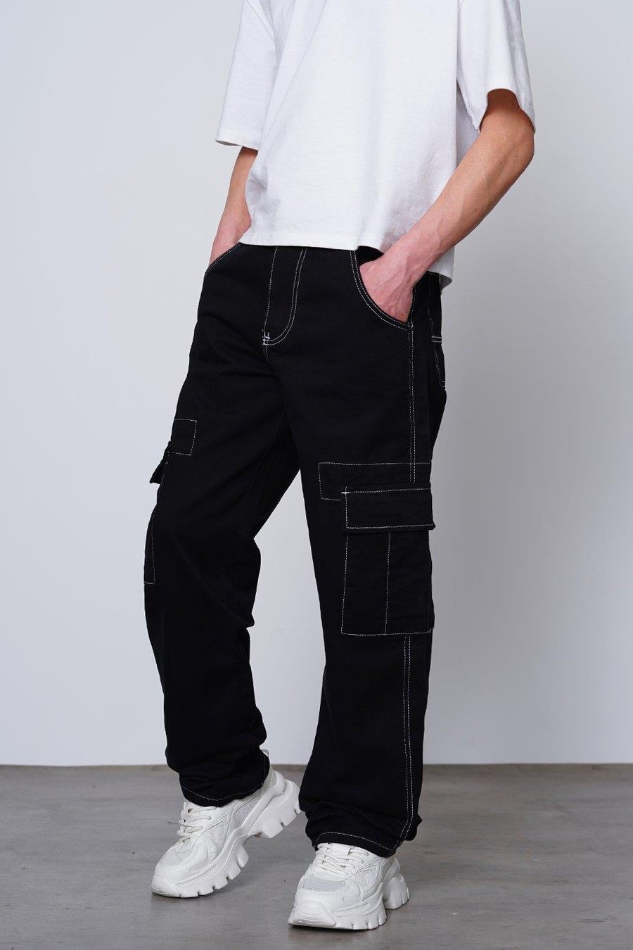 SİYAH Double Cep Detay  Dikiş Kargo Baggy Pantolon