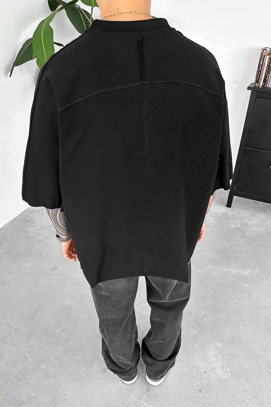 Siyah Eighty Nine Dikiş Detay Oversize Tişört