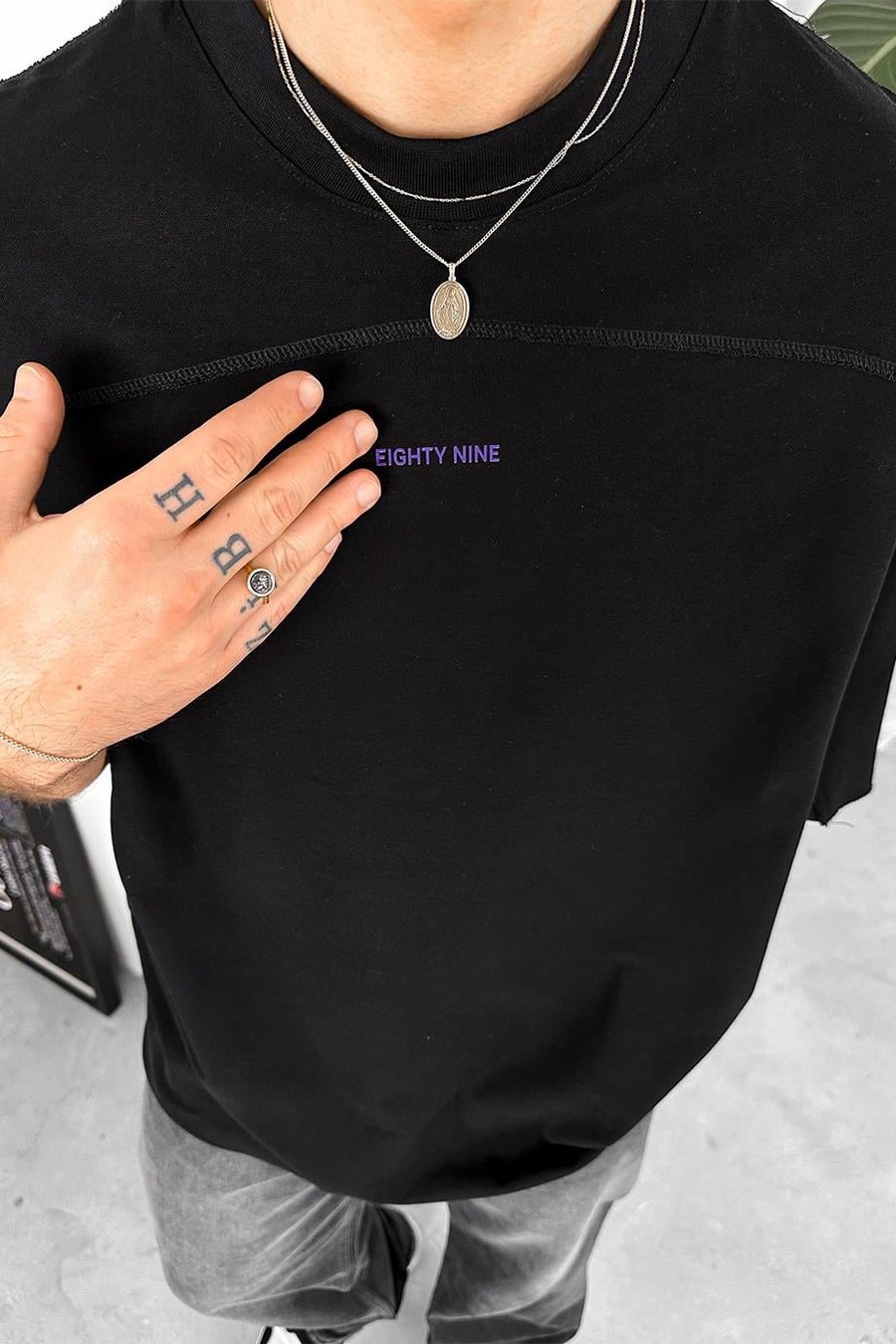 Siyah Eighty Nine Dikiş Detay Oversize Tişört