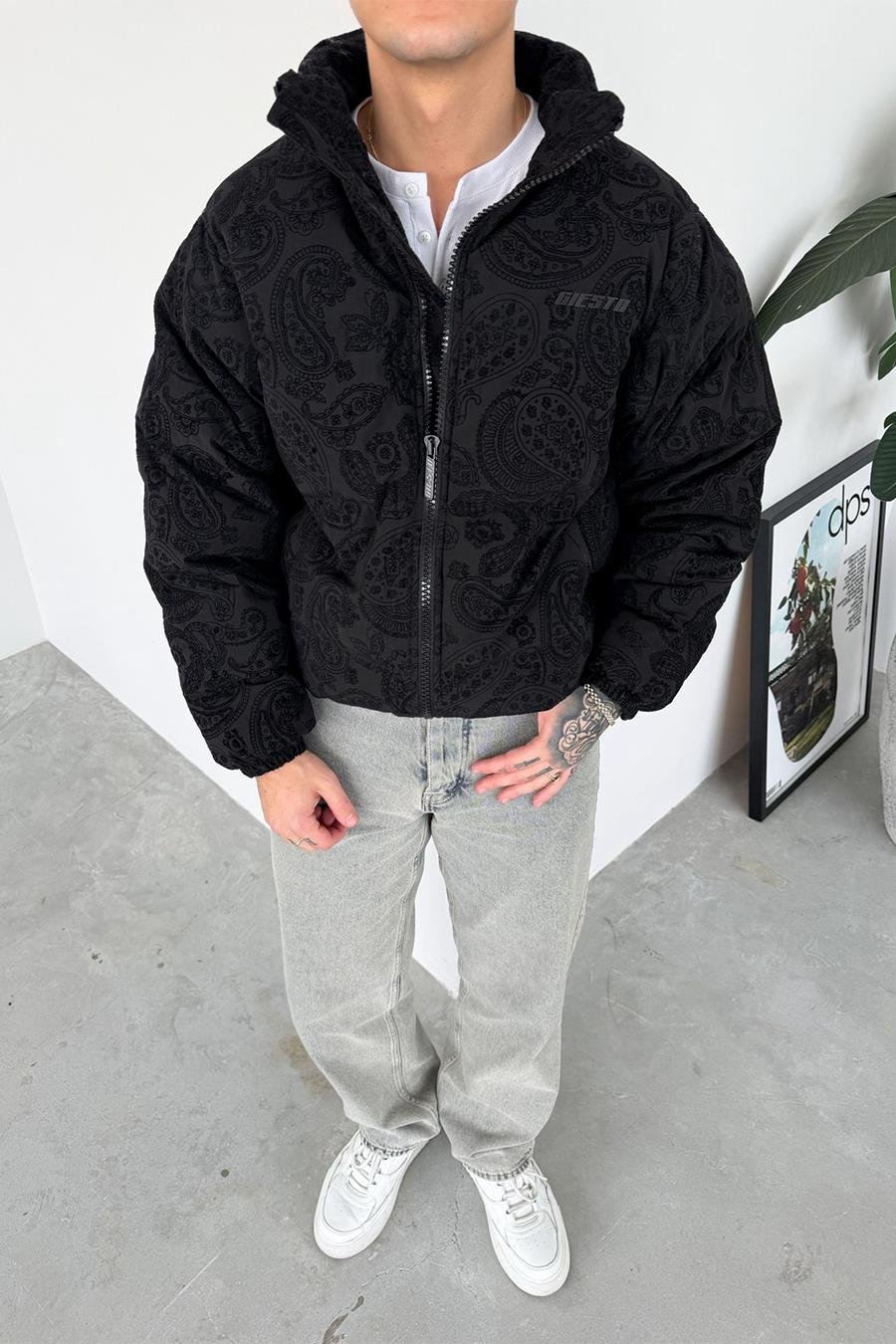 Siyah Etnik Kabartma Detay Oversize Puffer Mont