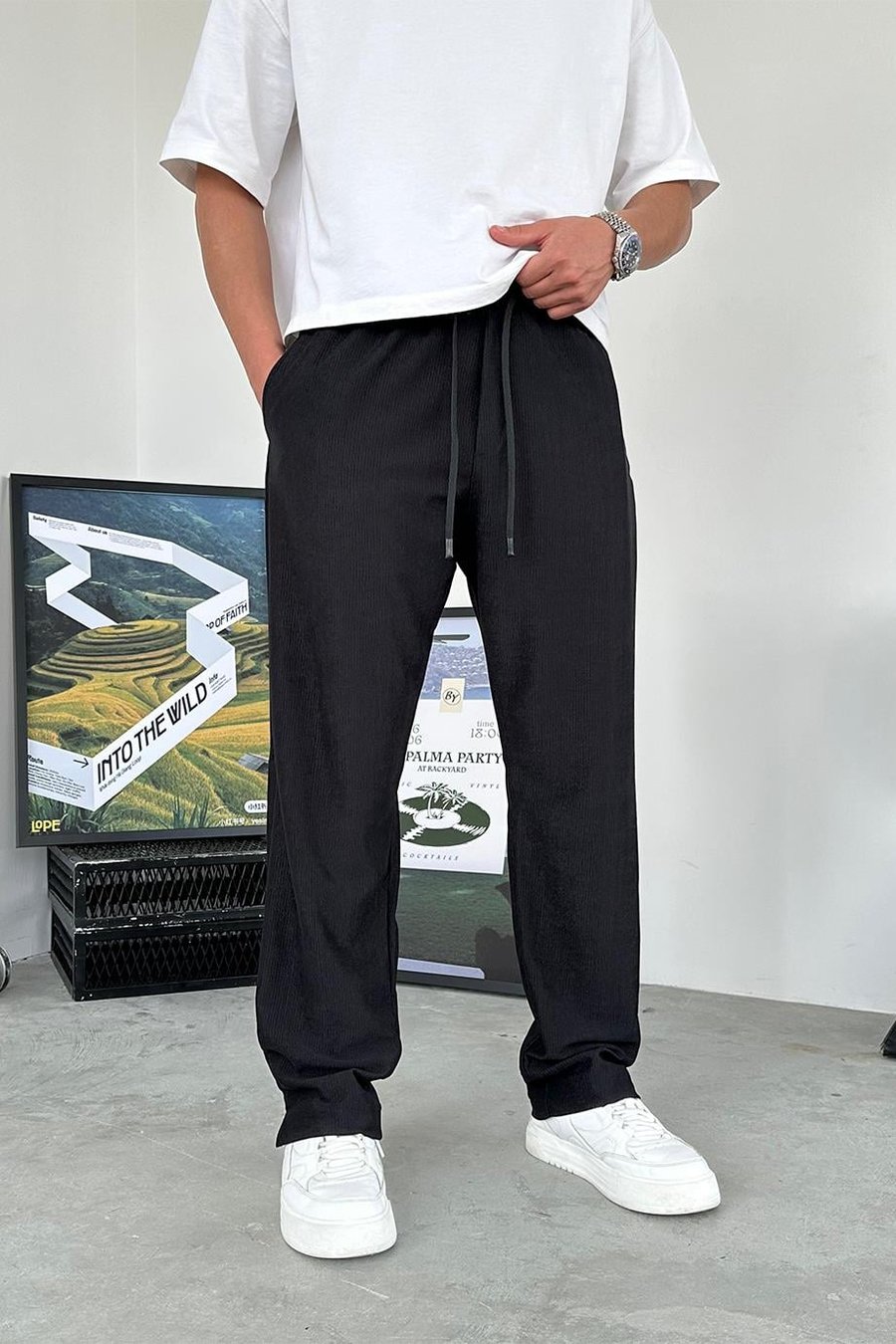 Siyah Fitilli Basic Baggy Pantolon