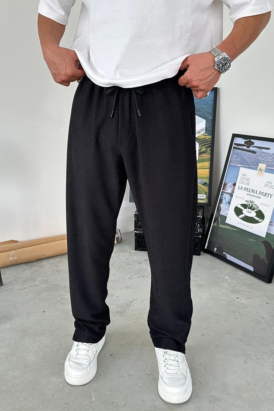 Siyah Fitilli Basic Baggy Pantolon
