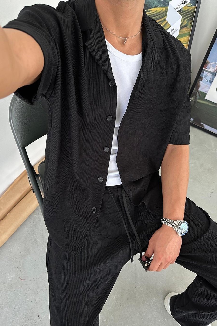 Siyah Fitilli Basic Kısa Kollu Relaxed Gömlek