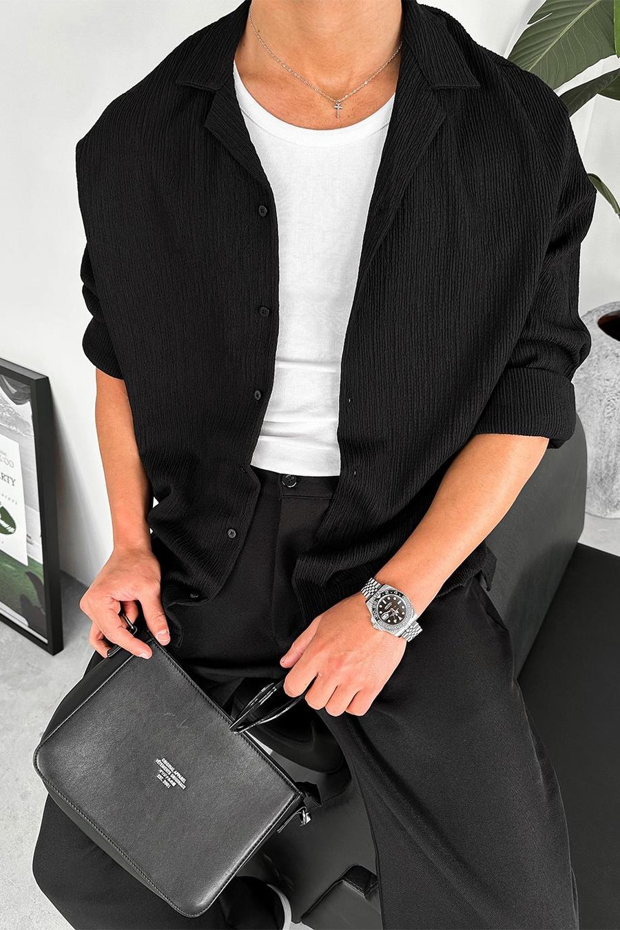 Siyah Fitilli Basic Oversize Gömlek