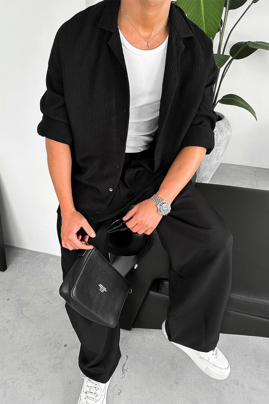 Siyah Fitilli Basic Oversize Gömlek