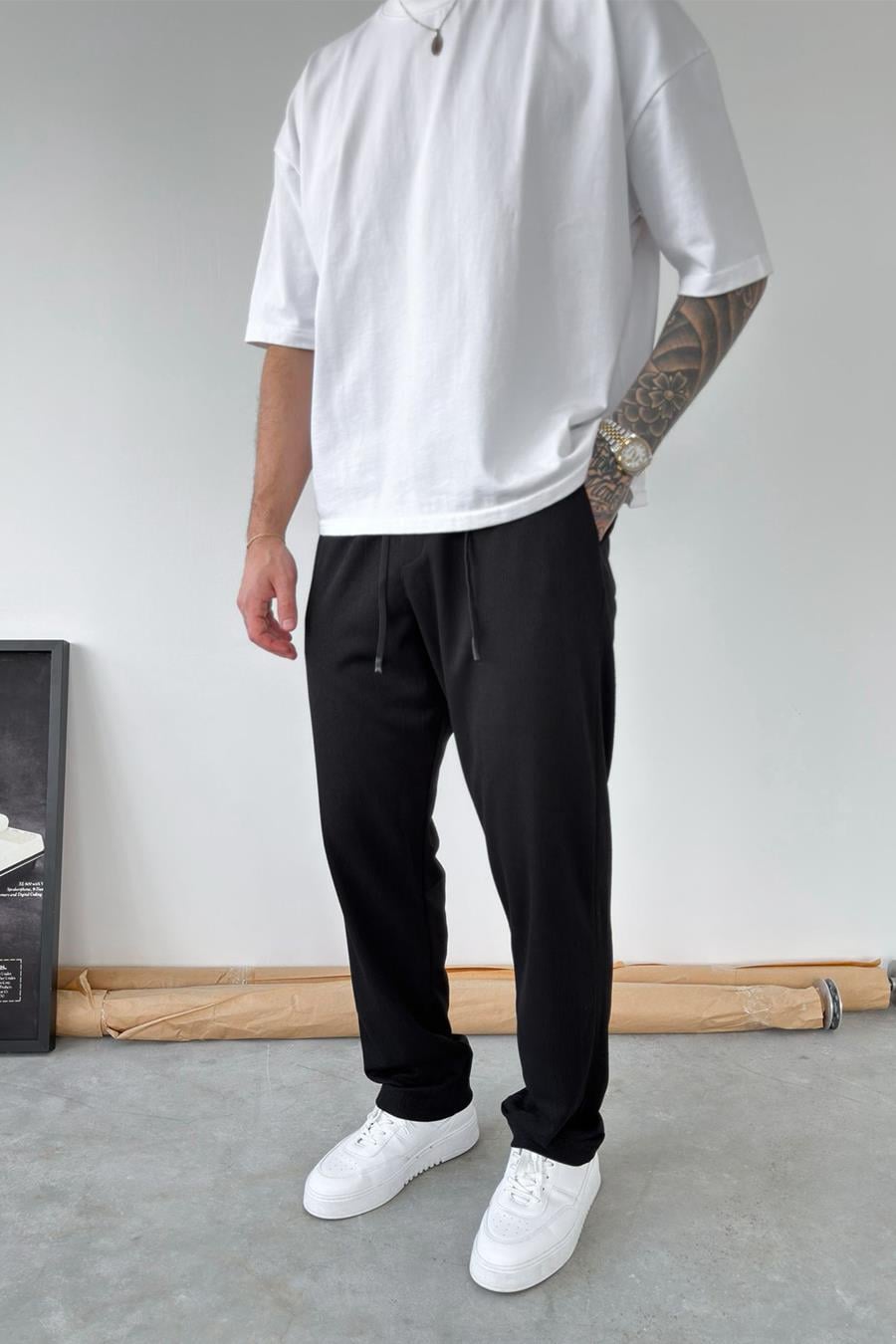 Siyah Fitilli Basic Relaxed Pantolon