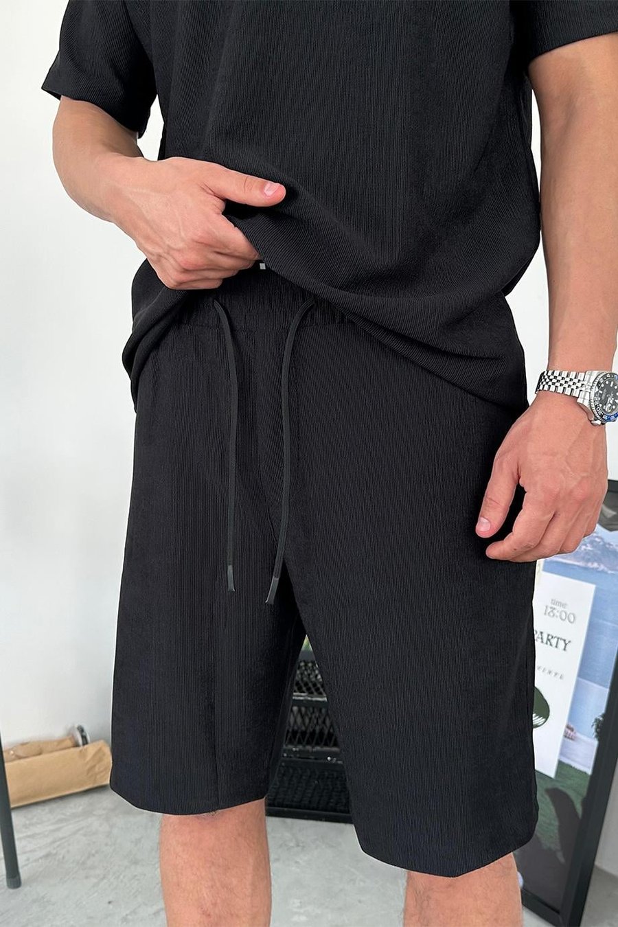 Siyah Fitilli Basic Relaxed Şort