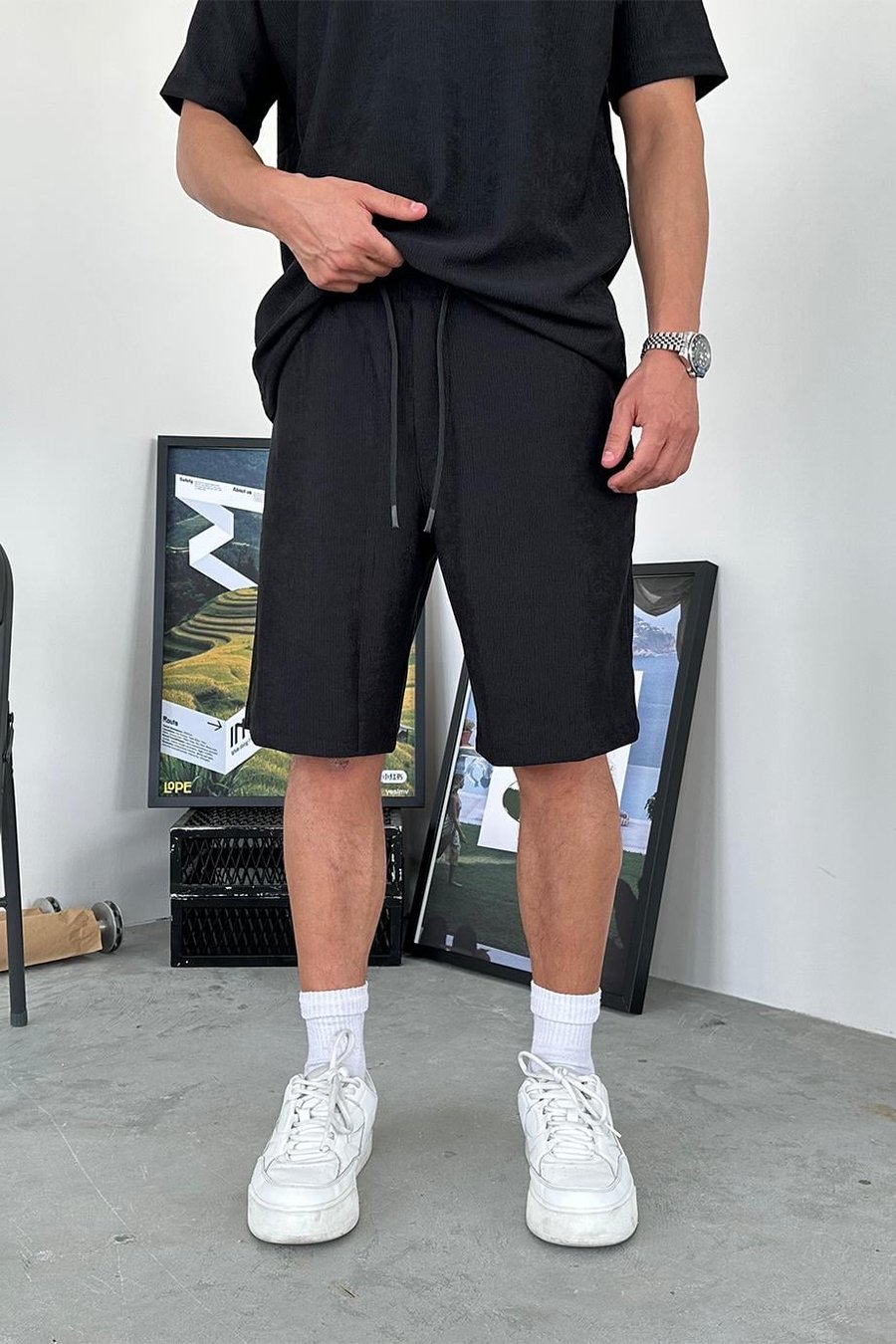 Siyah Fitilli Basic Relaxed Şort