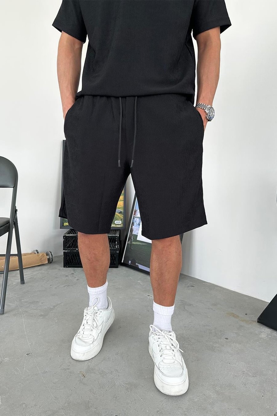 Siyah Fitilli Basic Relaxed Şort