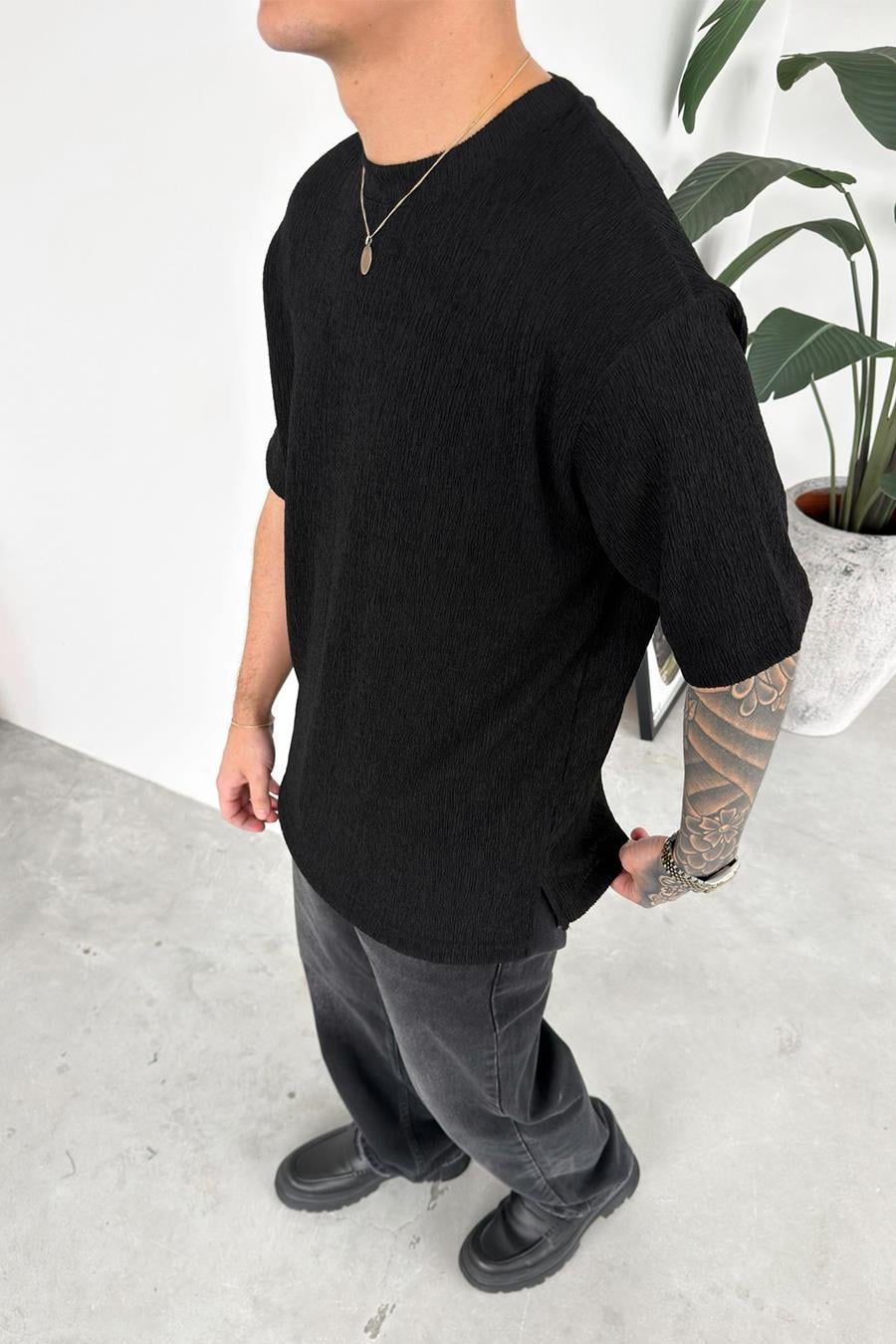 Siyah Fitilli Basic Relaxed Tişört