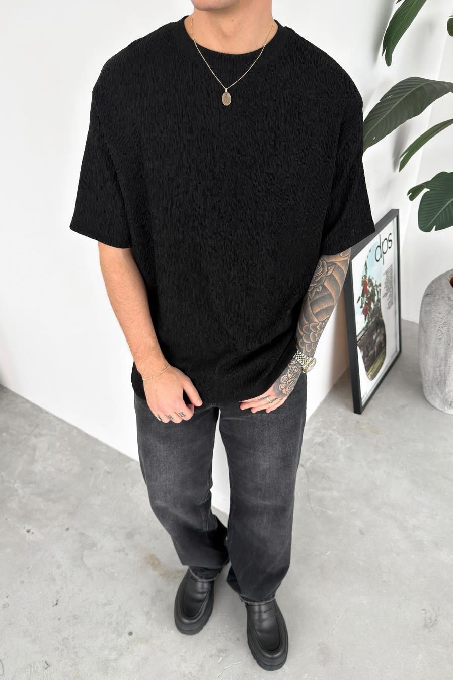 Siyah Fitilli Basic Relaxed Tişört