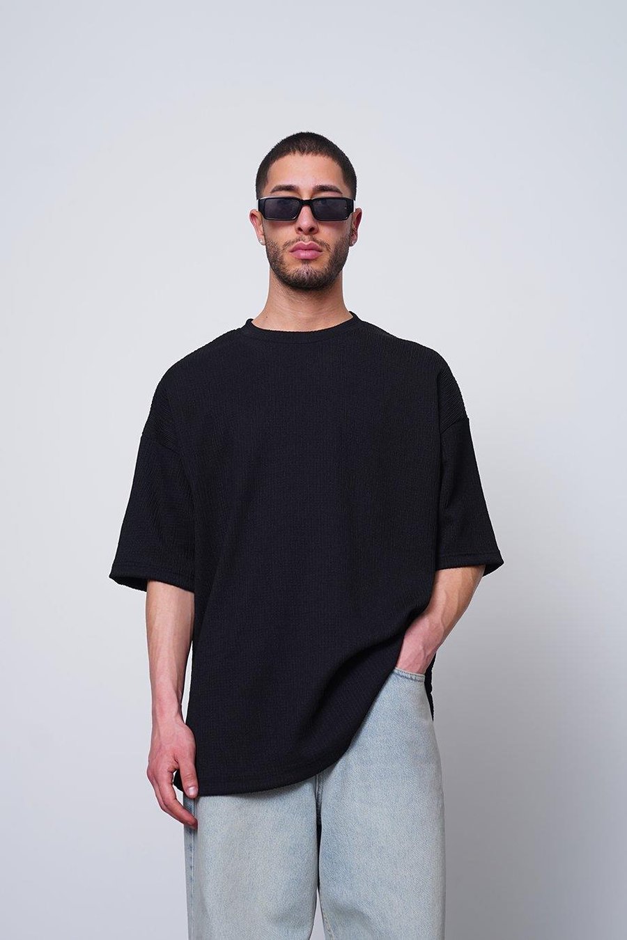 SİYAH Fitilli Basic Yırtmaç Detay O7 MH Oversize Tişört