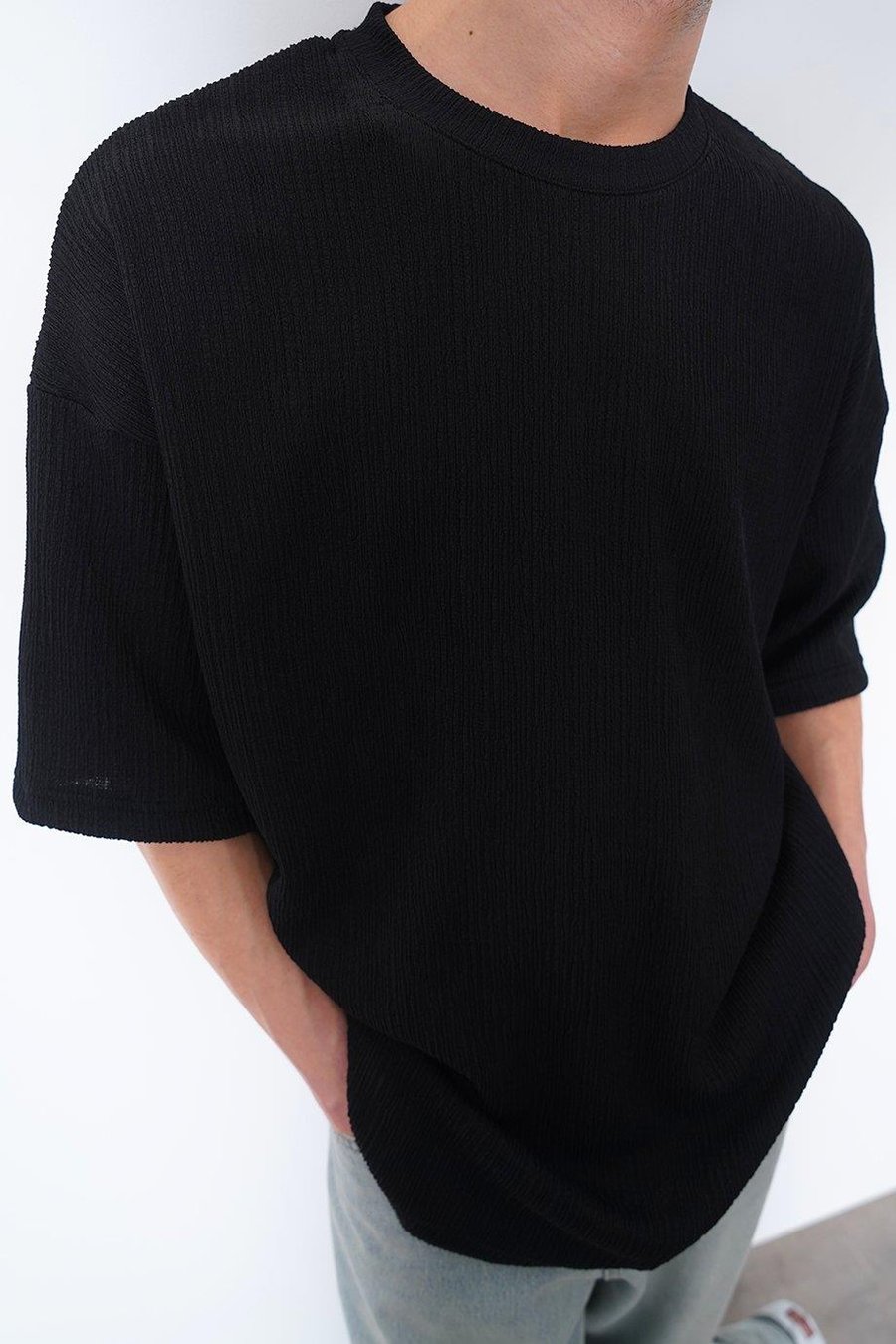 SİYAH Fitilli Basic Yırtmaç Detay O7 MH Oversize Tişört