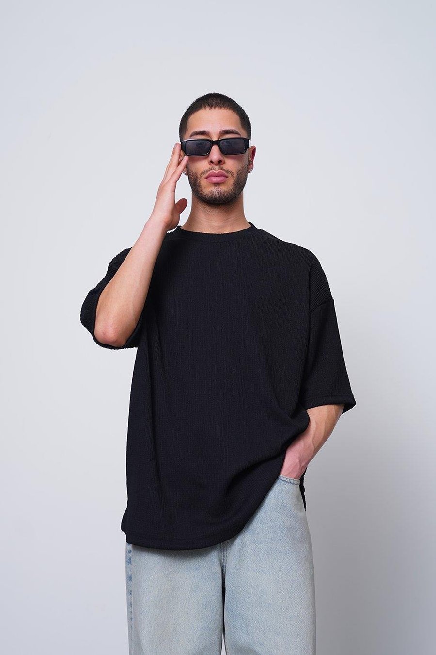 SİYAH Fitilli Basic Yırtmaç Detay O7 MH Oversize Tişört