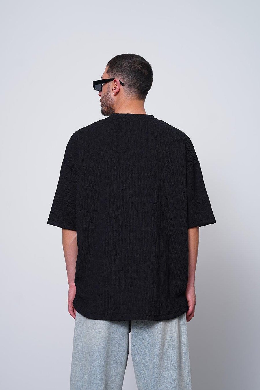 SİYAH Fitilli Basic Yırtmaç Detay O7 MH Oversize Tişört