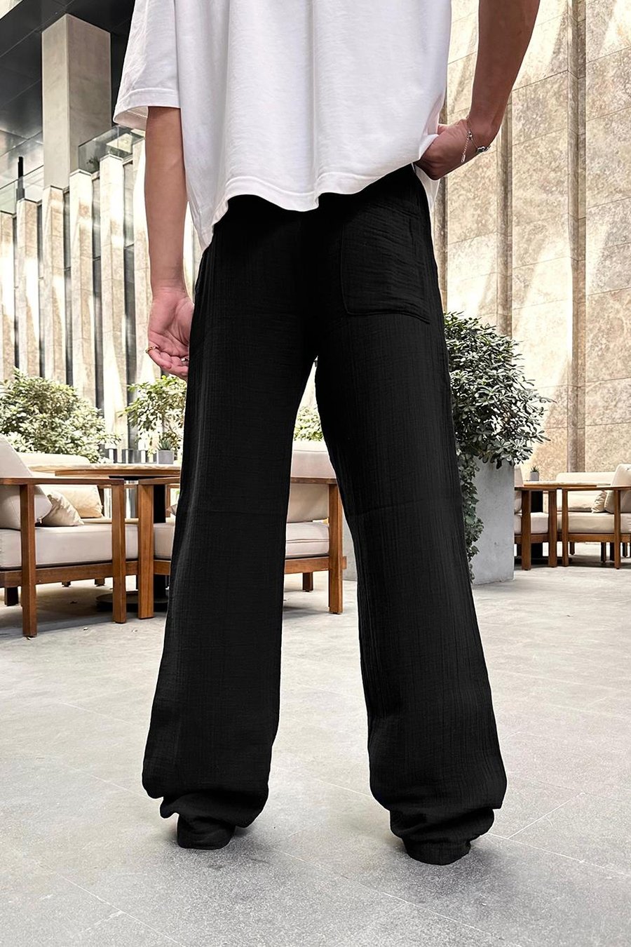 SİYAH Fitilli Beli Lastikli Keten GO Baggy Pantolon