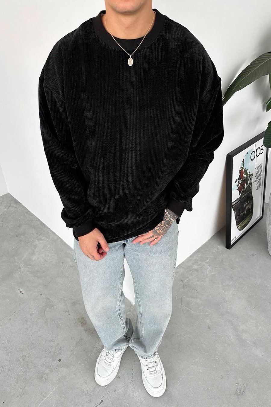 Siyah Fitilli Kadife Basic Sweat