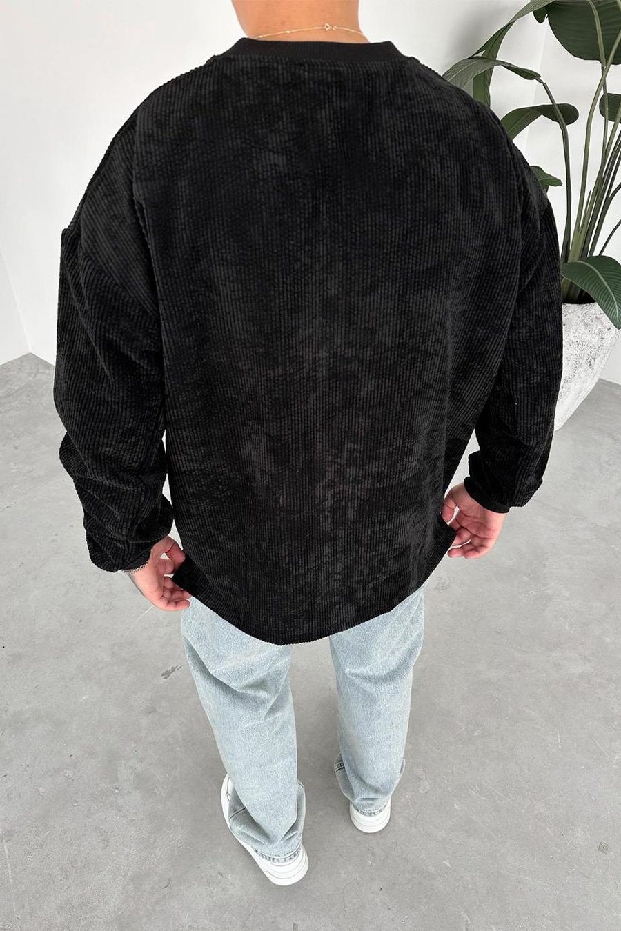 Siyah Fitilli Kadife Basic Sweat