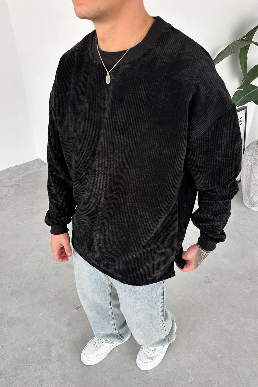 Siyah Fitilli Kadife Basic Sweat