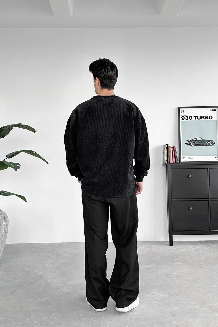 Siyah Fitilli Kadife Basic Sweat