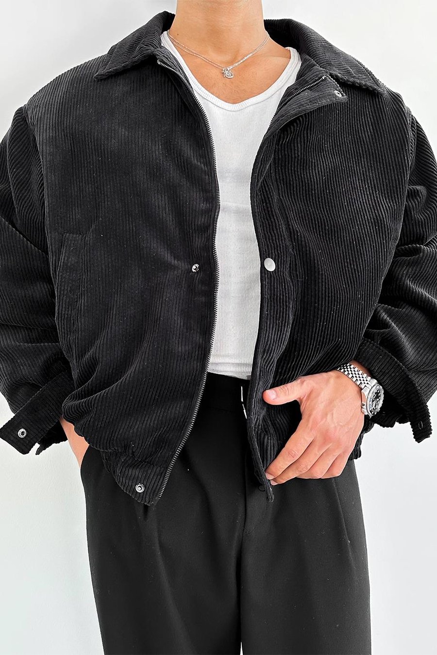 Siyah Fitilli Kadife Oversize Mont