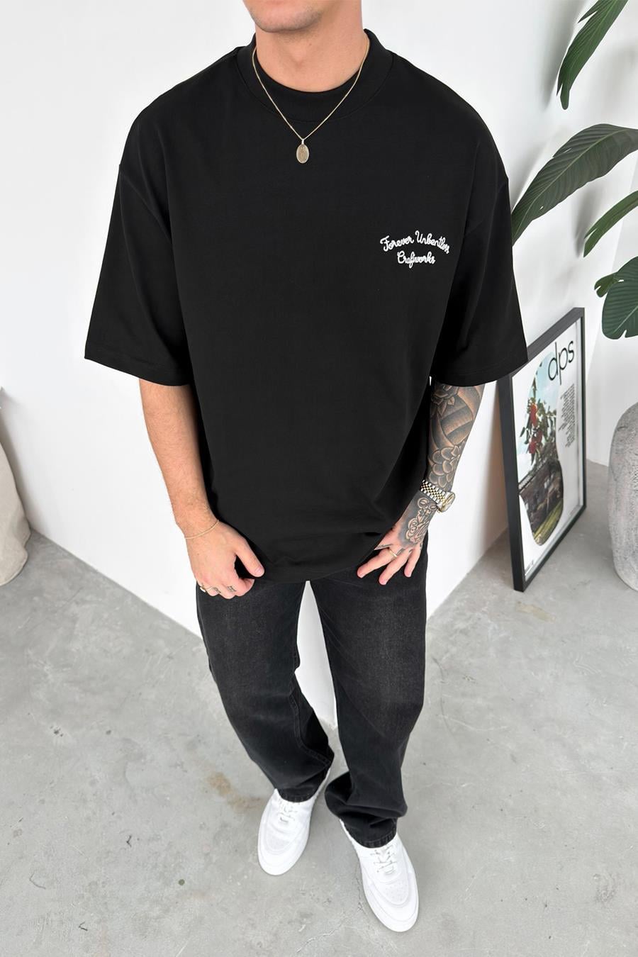 Siyah Forever Nakışlı Premium Oversize Tişört