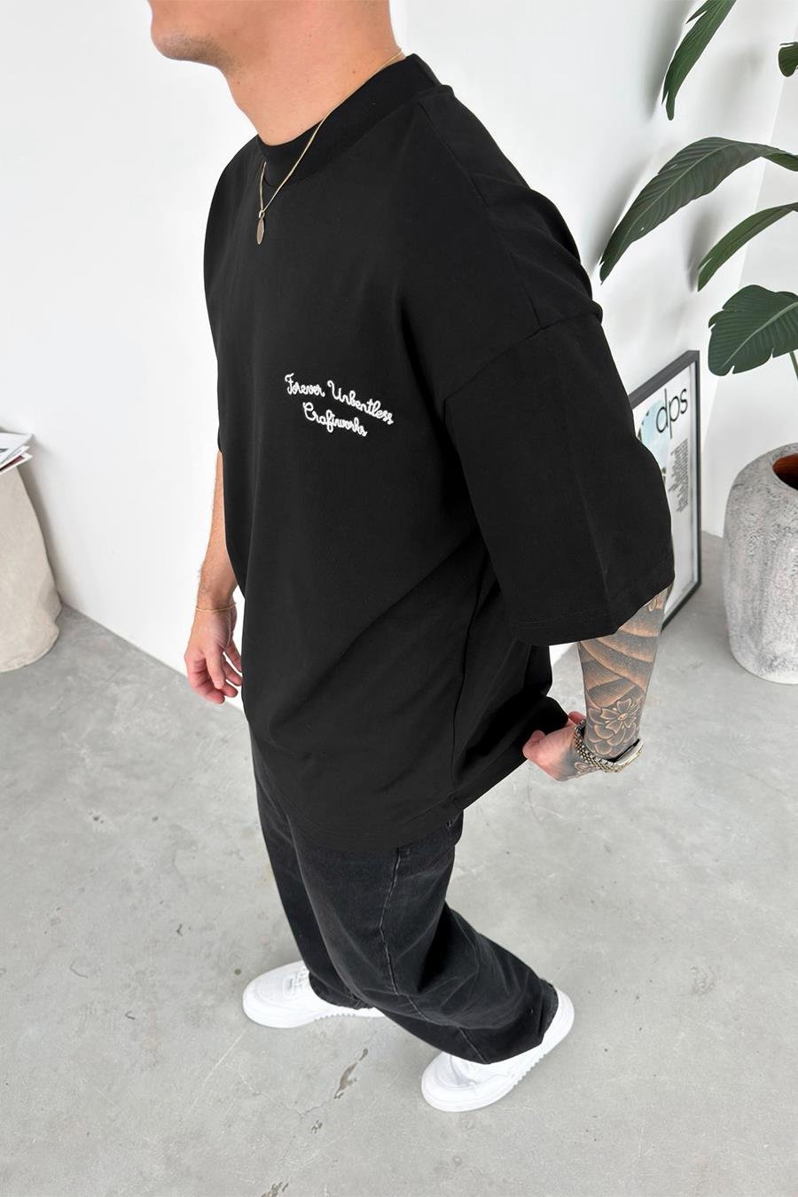 Siyah Forever Nakışlı Premium Oversize Tişört