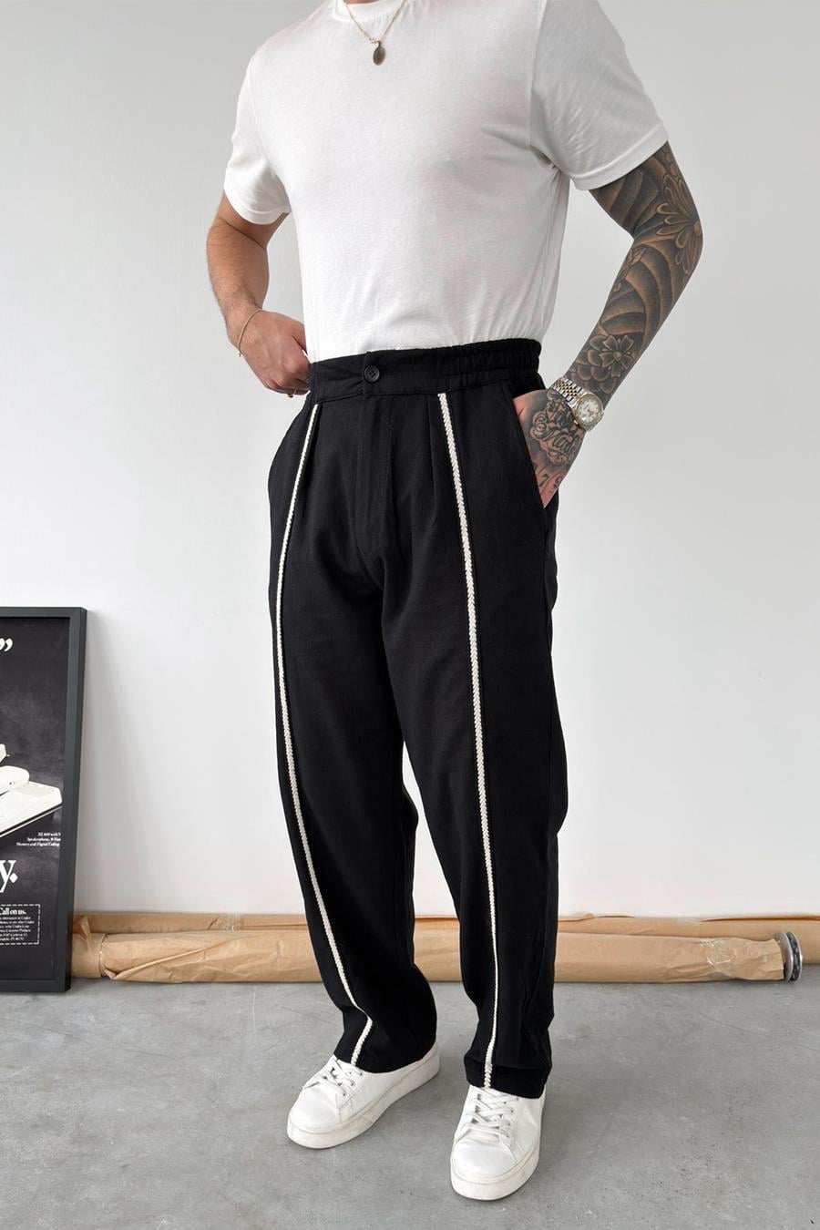 Siyah Hasır Detay Baggy Keten Pantolon