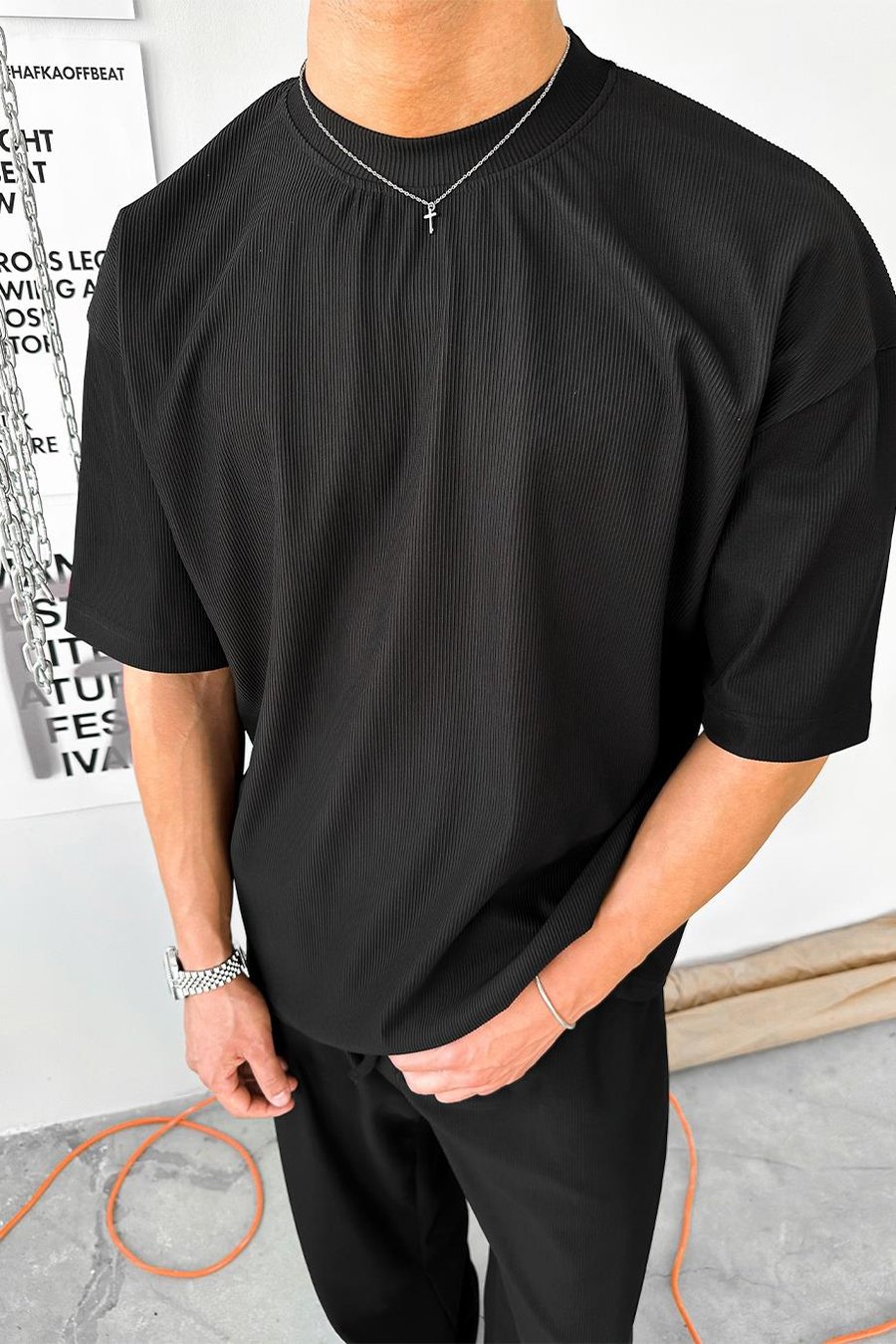 Siyah İnce Fitilli Baggy Pantolon