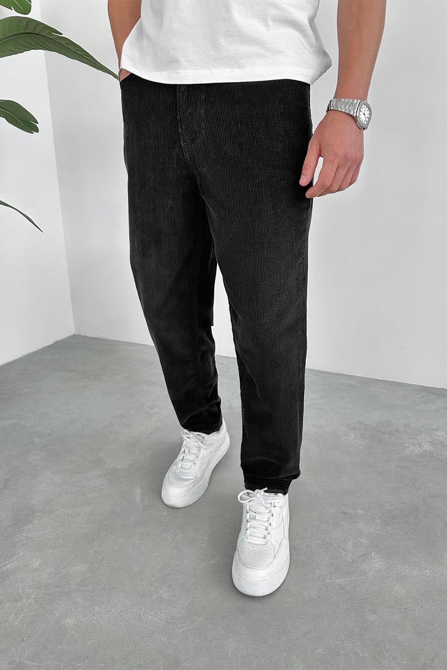 Siyah Kadife Fitilli Regular Pantolon