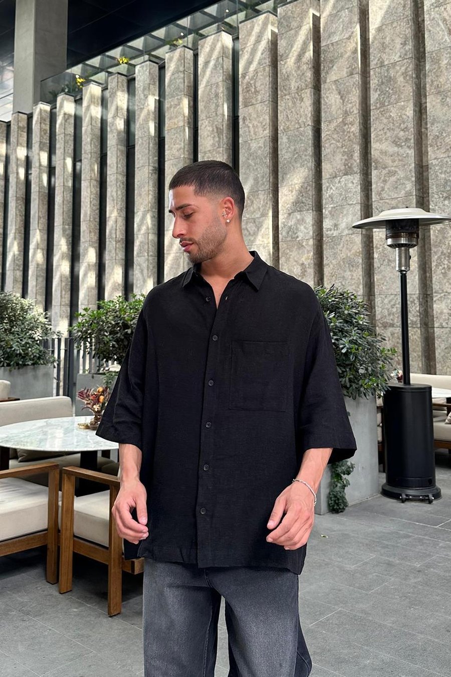 SİYAH Keten Ön Cep Detay L7 BS Oversize Gömlek
